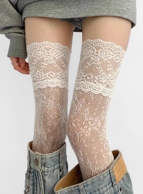春夏超薄性感蕾丝长筒袜女夏季薄款灰色过膝丝袜镂空花边配靴子jk