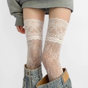 春夏超薄性感蕾丝长筒袜女夏季薄款灰色过膝丝袜镂空花边配靴子jk