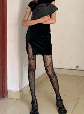 玫瑰花黑色丝袜渔网袜女性感黑丝美腿显瘦暗黑打底连裤薄款渔网袜