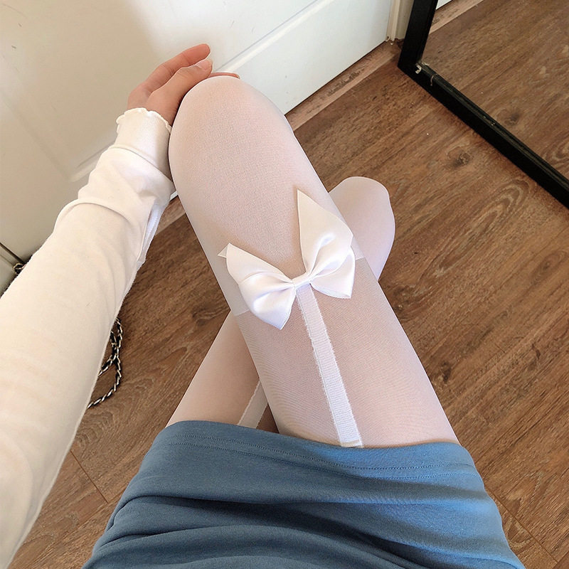 日系可爱蝴蝶结黑色假大腿袜过膝袜黑丝袜拼接白色吊带高筒袜 B02