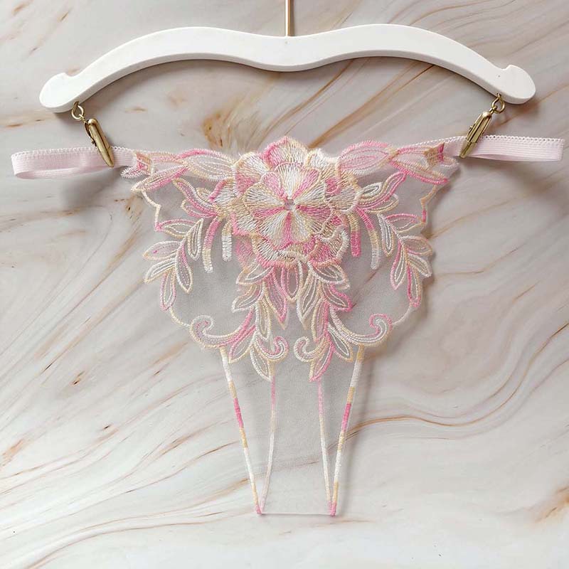 浪漫刺绣网纱丁字裤 轻薄透肤花朵装饰内裤 性感细带T裤女