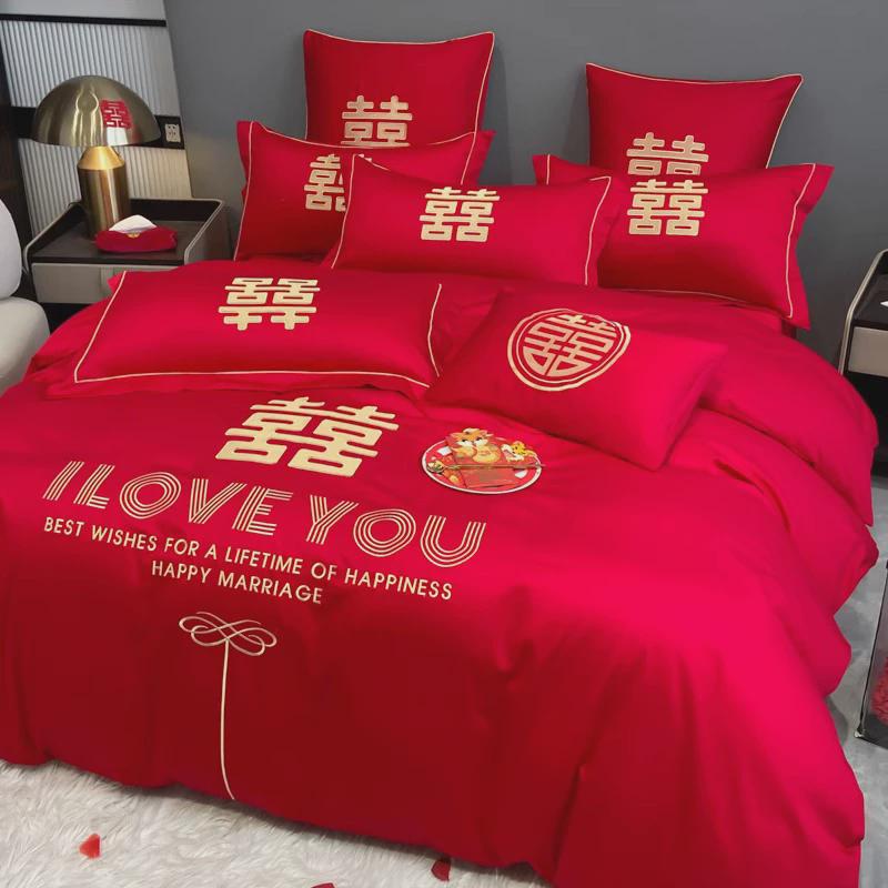 大红色结喜庆婚被套高级感新婚礼床单床笠婚庆四件套婚嫁床上用品