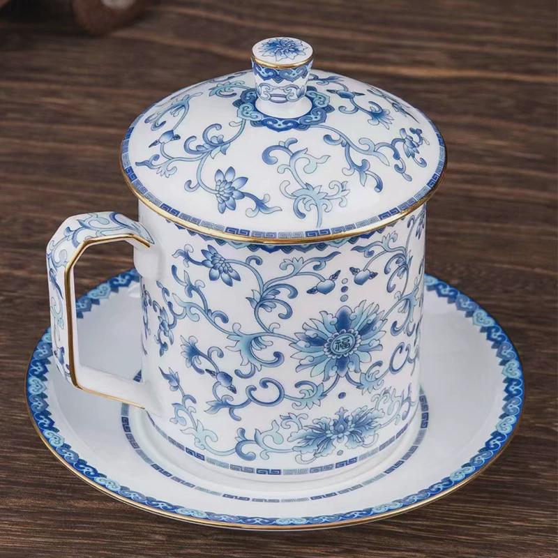 景德镇陶瓷茶杯带盖托盘青花瓷大水杯茶水分离泡茶杯个人珐琅