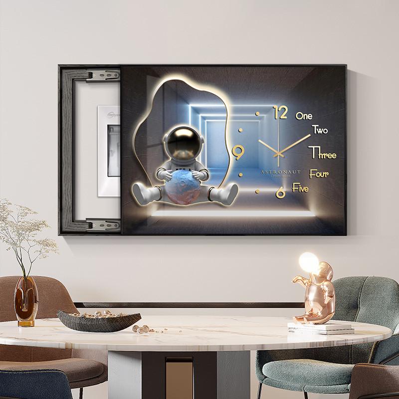 轻奢卡通电源客厅遮挡电表箱装饰画带钟表箱推拉液压电表箱壁画