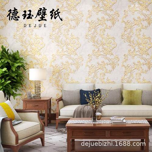 欧式大花壁纸奢华藤花金色黄色复古美式客厅卧室背景墙墙纸棕红色