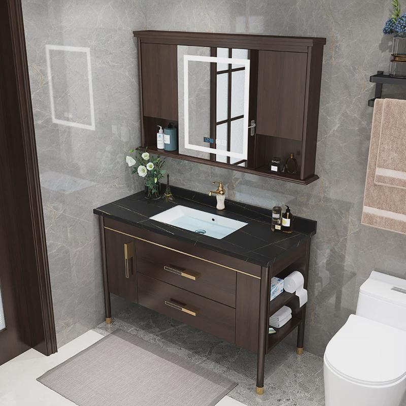 现代新中式岩板浴室柜组合一体洗脸盆卫生间实木落地洗手陶瓷台盆