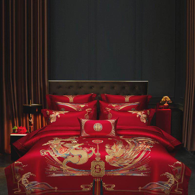 刺绣婚庆160支贡缎长绒棉高端四件套全棉结婚红色婚嫁床品六件套