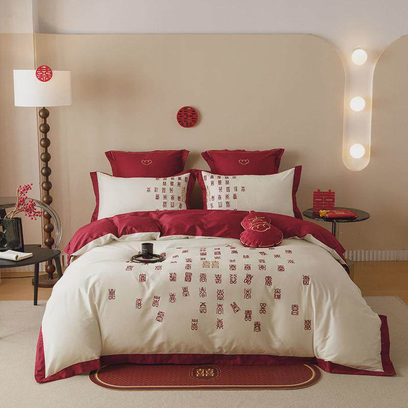 高端轻奢140支长绒棉提花刺绣婚庆四件套全棉贡缎简约结婚床品