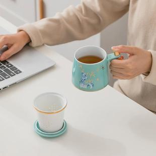 木柄大容量男士 茶杯茶水分离杯陶瓷办公室家用创意个性 个人泡茶杯