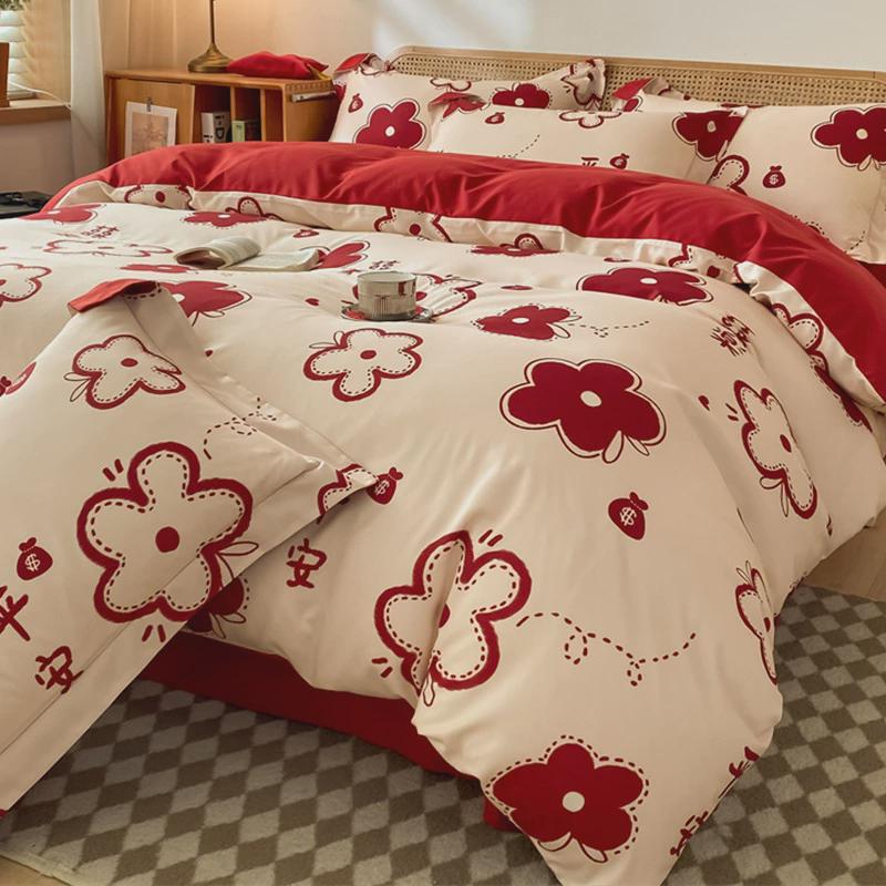 结婚床上用品四件套婚庆大红色婚房喜被陪嫁床单被罩婚礼磨毛被套
