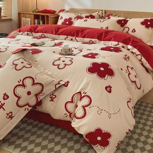 结婚床上用品四件套被套大红色婚房喜被磨毛床单被罩婚礼陪嫁婚庆