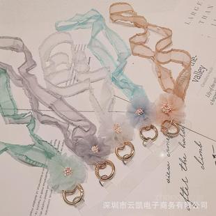 手机挂绳网纱花朵丝巾ins时尚 新 小香风挂脖长款 轻便不勒脖子女款