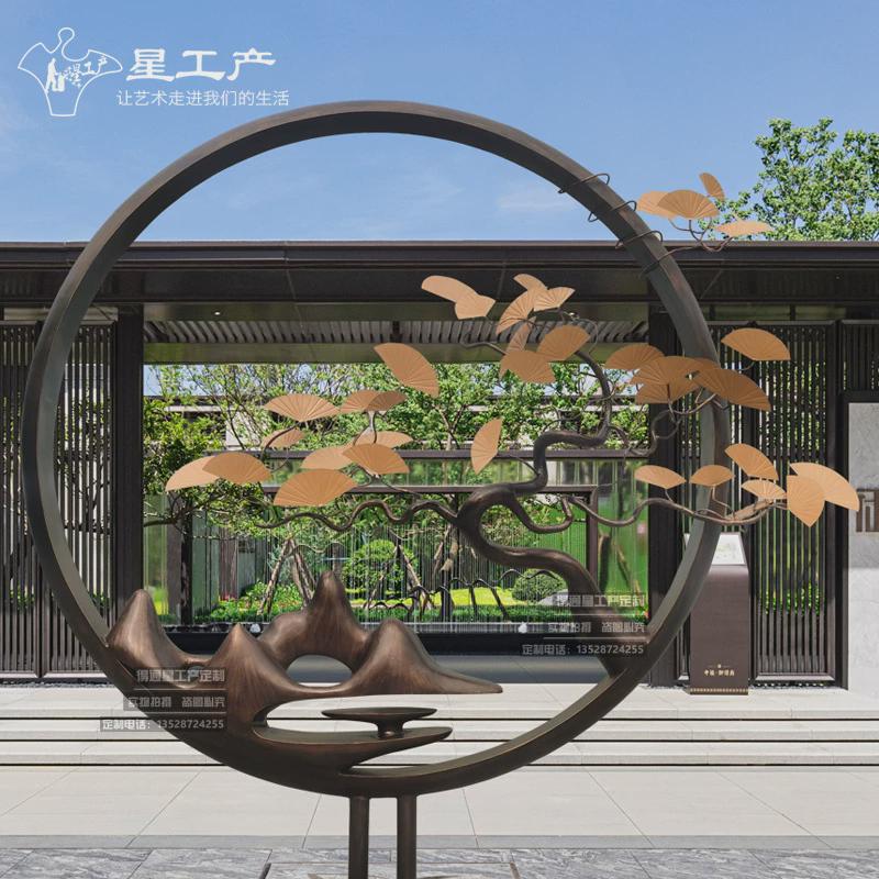 不锈钢小品圆环金属摆件售楼处公园商场园林景观圆圈松树山形雕塑