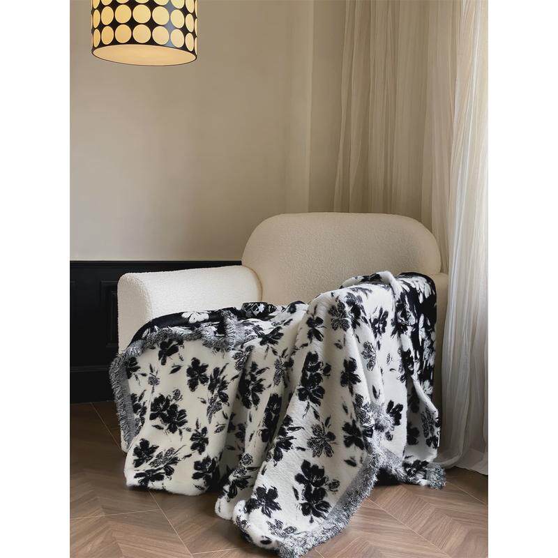 国风橙花毛毯绒高端貂流苏针织提花高级感长毛绒盖毯加厚沙发毯