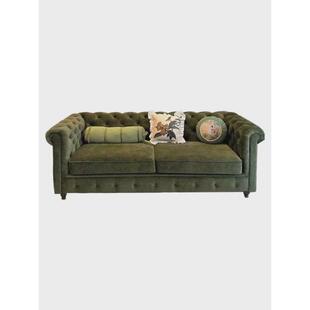 美式乡村复古布艺沙发法式客厅绿色丝绒沙发小户型拉扣直排沙发