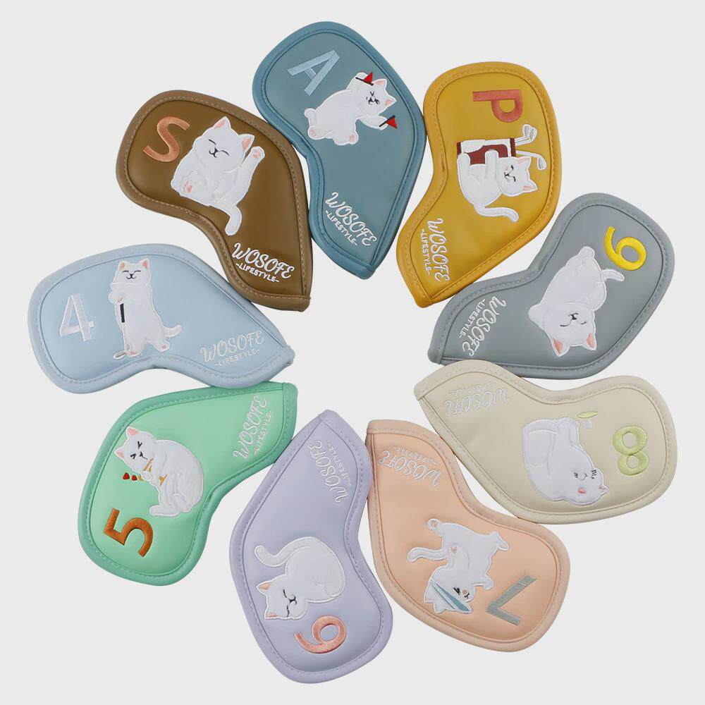 新款高尔夫铁杆套可爱猫咪图案混帽套球杆彩色pu保护套热卖