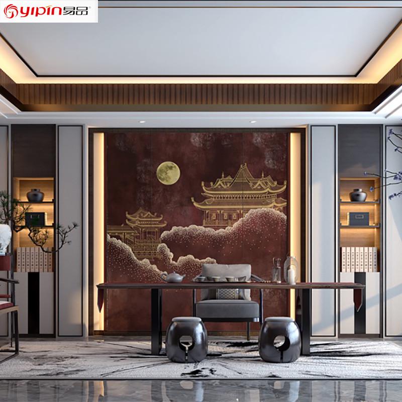 酒店宾馆大堂会客厅软装软包山水装饰壁画新中式刺绣硬包背景墙图片