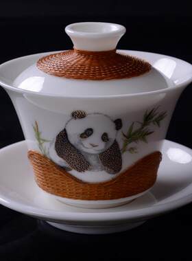 热销熊猫遗瓷胎竹编道明手工艺品竹丝扣瓷非抱竹三才盖碗茶具伴手