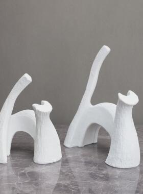 新中式白色艺术猫卧室样板房售楼部摆件书房客厅桌面玄关家居饰品