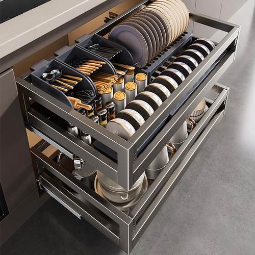 热销尔橱柜拉篮厨房橱柜304不锈钢双层抽屉式碗架收纳碟架沫碗篮