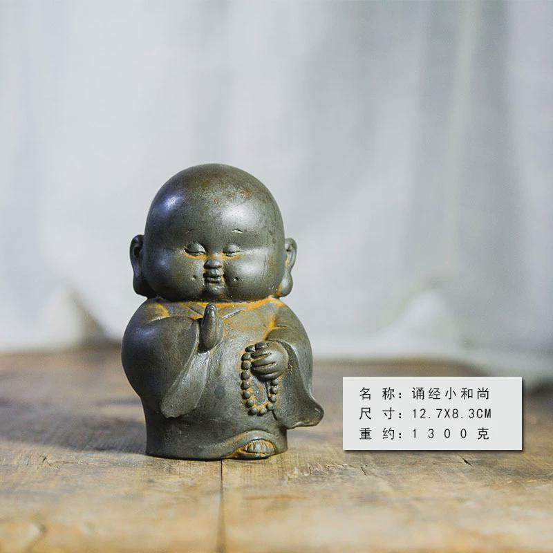 禅意中式可爱诵经小和尚纯手工铸铁装饰品树脂桌面养茶宠家居摆件
