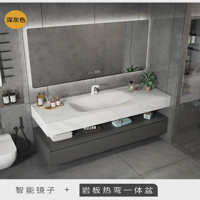 双层挂墙简约可丽耐岩板热无缝一体弯盆酒店风实木浴室柜组合柜子