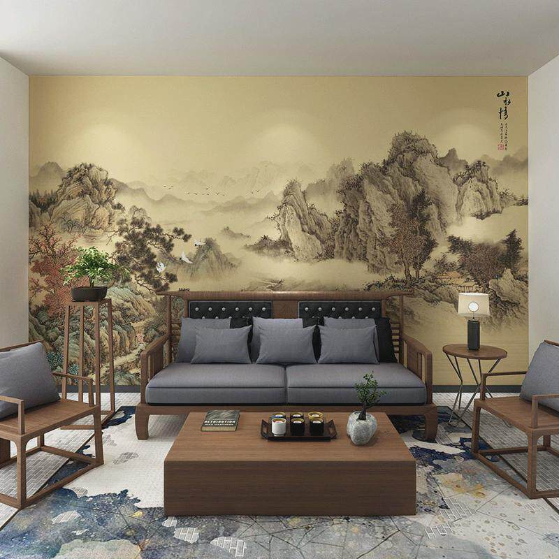 墙布古典中式明清电视背景墙客厅沙发影视墙纸山水手绘壁画水墨
