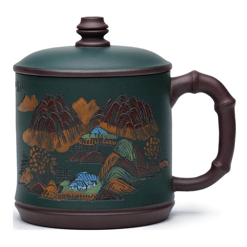 竹节紫砂办公杯宜兴茶具手工紫砂刻绘山水杯盖杯商用男士泡茶杯子