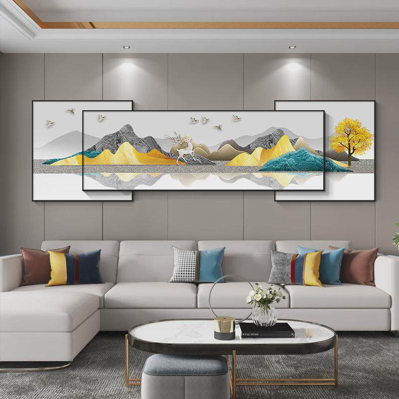 现代轻奢客厅装饰画立体镶钻沙发背景墙挂画大气灯光三幅叠加壁画