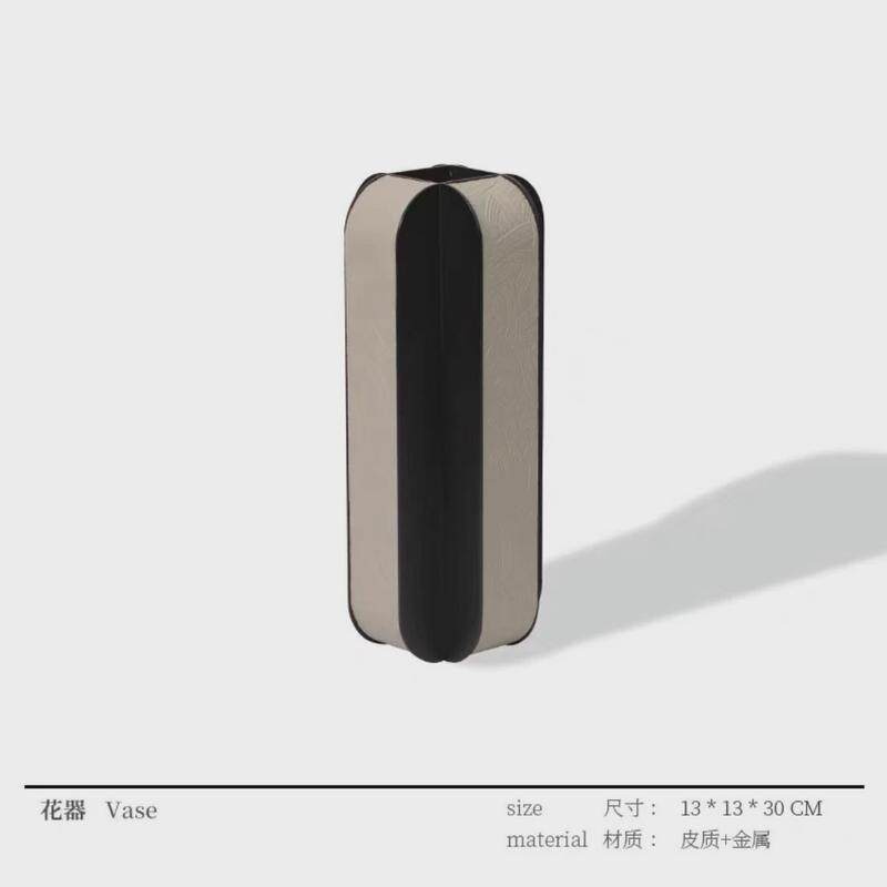 现代简约金属马毛花器编织纹皮革花瓶创意摆件桌面客厅装饰样板间