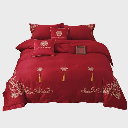 简约中式婚庆四件套全棉100S长绒棉红色喜字刺绣结婚被套床单床笠