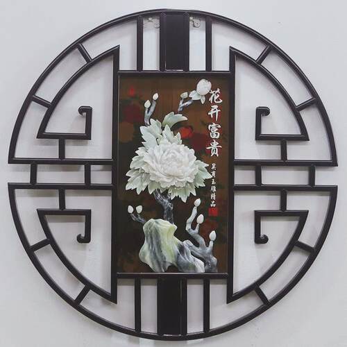 Y圯1新中式入户门玄关客厅装饰画玉雕画走廊尽头中国风挂件圆形装