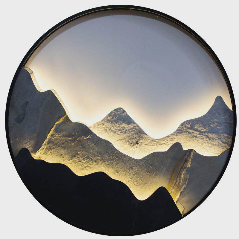 新中式玄关led发光单幅简约圆形山水风景入户现代背景墙装置挂画