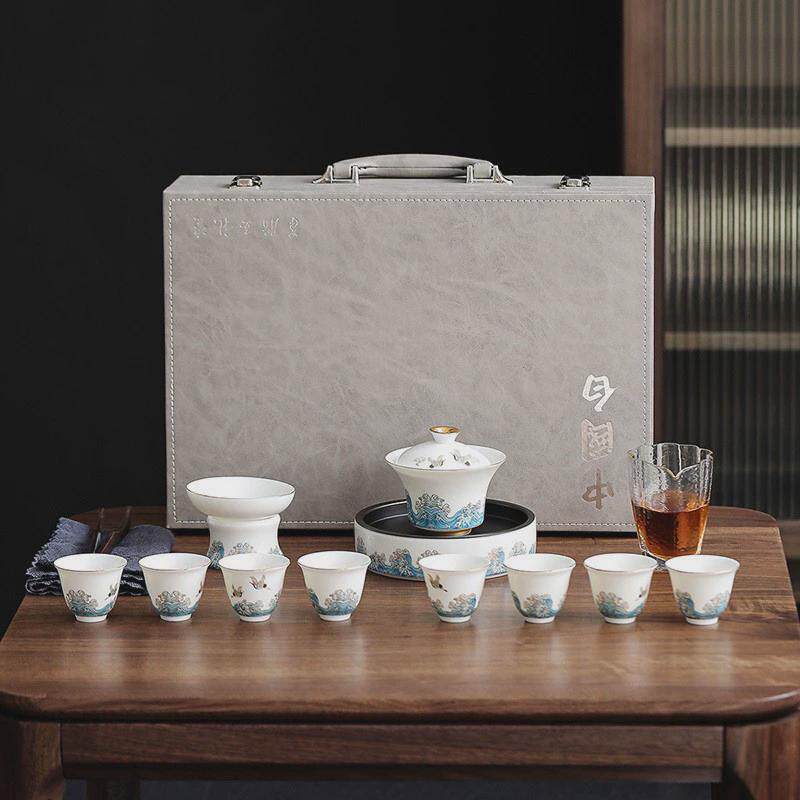 羊脂玉功夫茶具套装家用陶瓷盖碗描金茶杯日式泡茶器商务陶瓷礼品