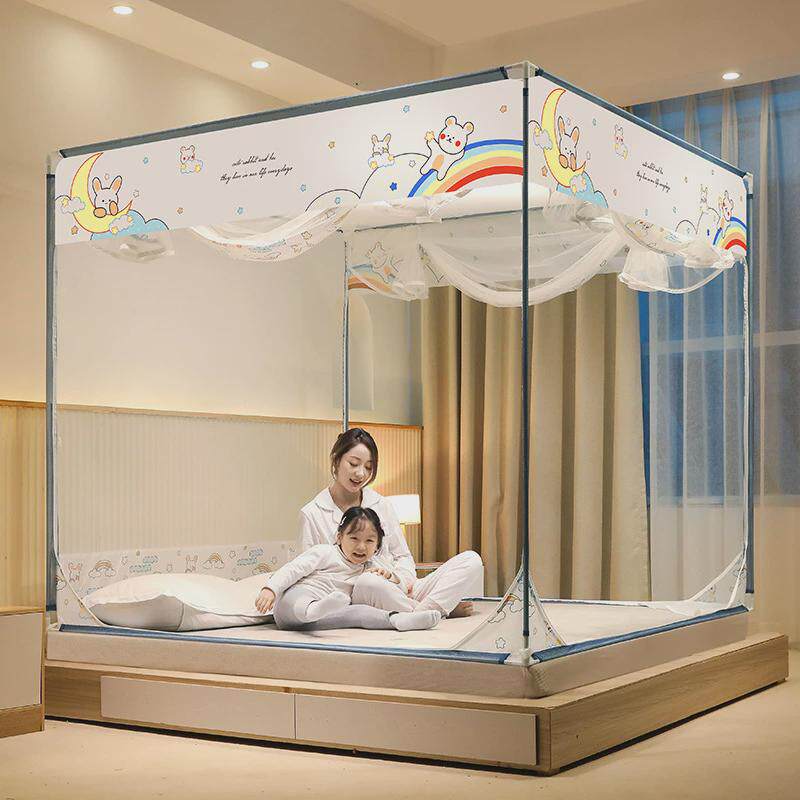 家用蚊帐儿童防摔回底床笠款全包围蒙古包加厚纹帐支架三开门