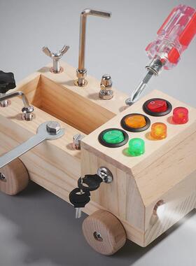 儿童木制多功能彩灯螺母拆装工具车益智百变螺丝螺母组合套装CPC