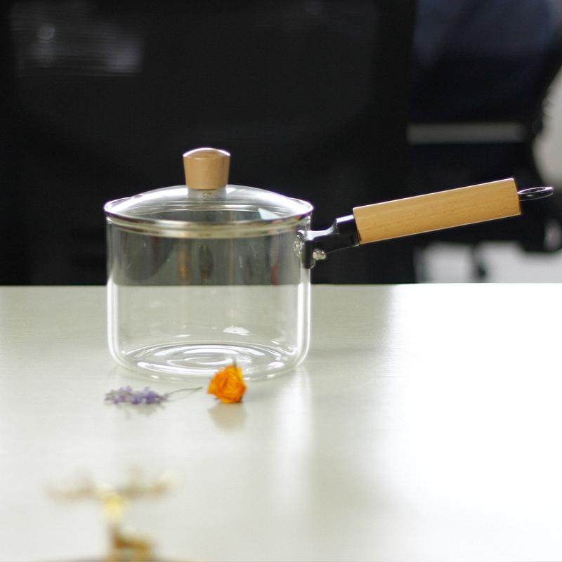 电陶炉高硼硅单柄不锈钢奶锅20cm玻璃锅高温汤锅侧把煮粥黑透明