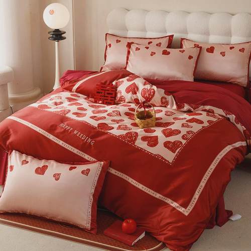 新款高端婚庆四件套中式新婚床单被套大红色结婚房床上用品大喜事