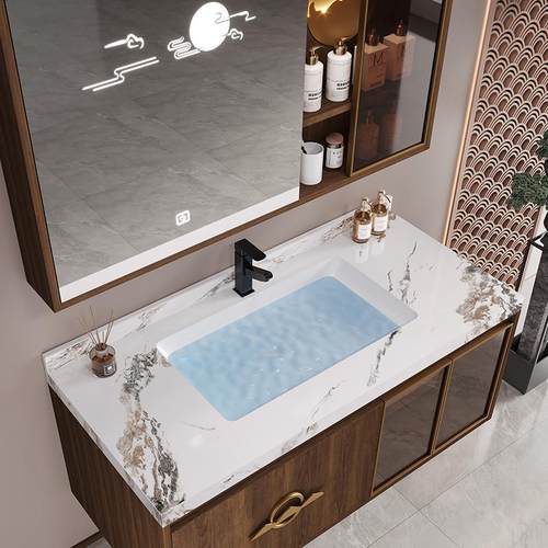 热销w7卫生间新中式岩板陶瓷洗手一体盆浴室柜组合无缝脸盆柜洗漱