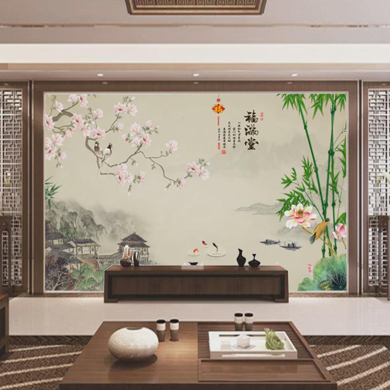 办公室山水田园风景宣绒布墙纸艺术壁布电视背景墙新中式壁画墙布