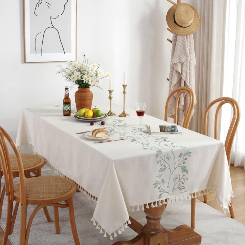 乐轩秀新款欧式古典青花瓷茶几流苏涤麻桌布台布绣花盖布