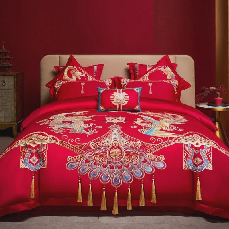 全棉大红色婚庆六件套新婚四件套婚房刺绣结婚龙凤多件套床上用品