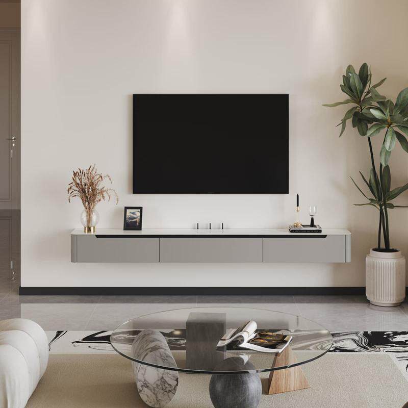 岩板悬悬空壁挂式电视柜简约现代小户型客厅实木挂墙一体电视新款