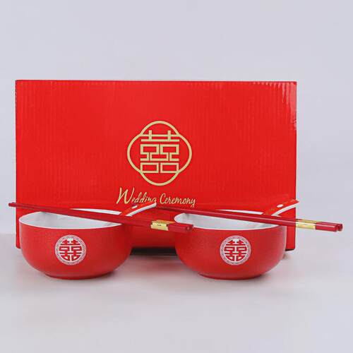 结喜红色敬茶杯子改口敬酒茶碗婚庆碗筷茶具套装新婚礼陪嫁一对碗