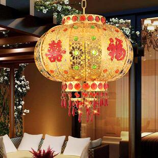 大红春节结婚水晶阳台大门口插电吊灯旋转七彩乔迁福字led灯笼