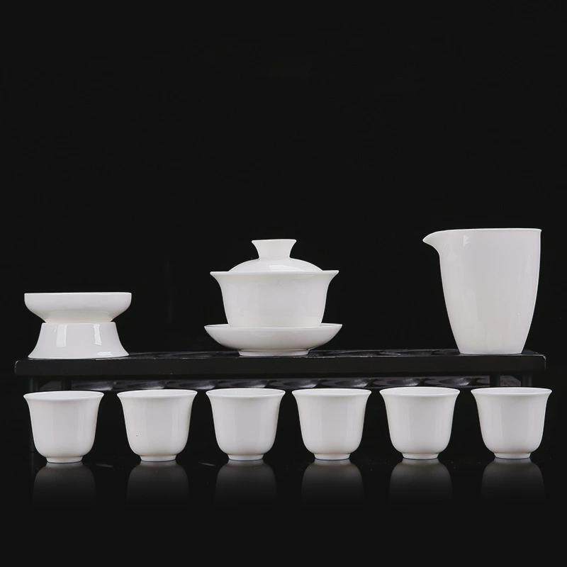 羊脂玉白瓷套组功夫茶具活动礼品盖碗套装便携陶瓷茶杯描金logo