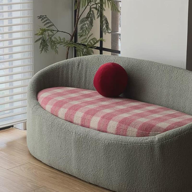 d！奶油风复古撞色粉双人沙发碰碰杯单人格子羊羔毛绒圆弧形储物