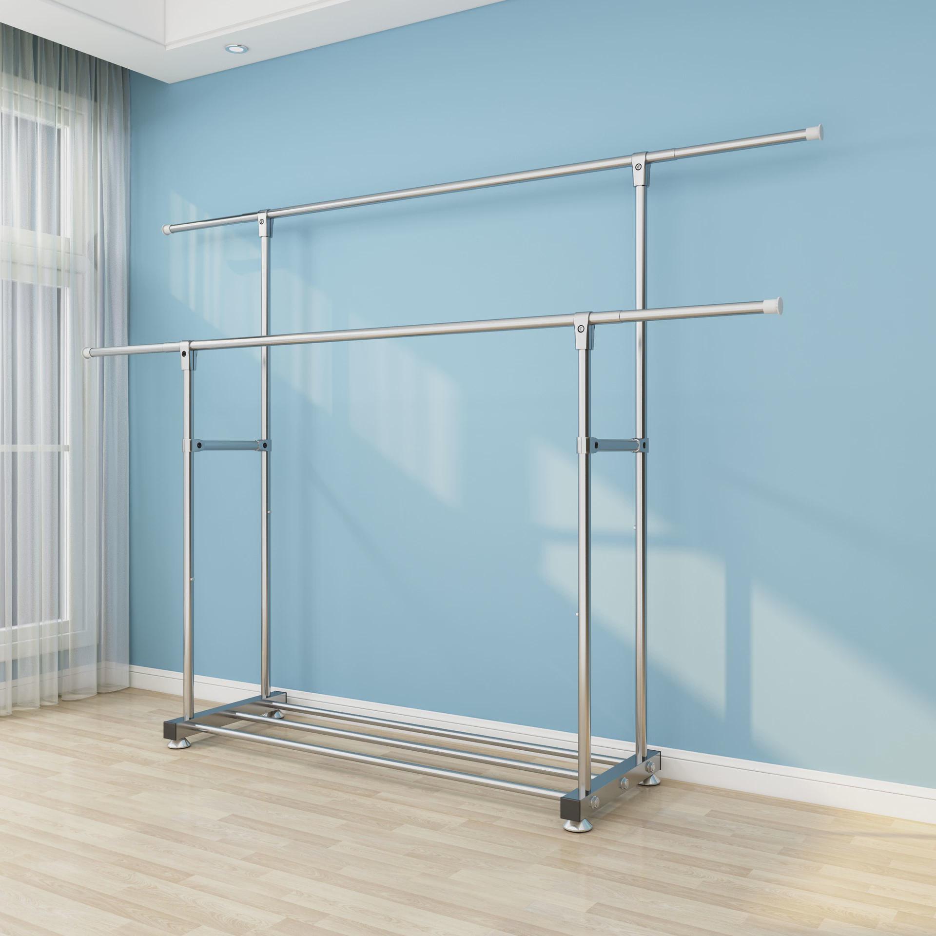 晾衣架落地双杆式不锈钢家用移动折叠衣架落地衣架室内晾挂衣架