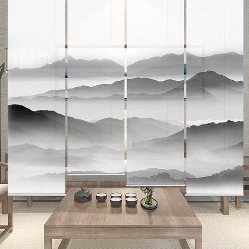 热销新中式窗帘屏风悬挂式帘子客厅隔断帘山水画挂帘门帘办公室卷