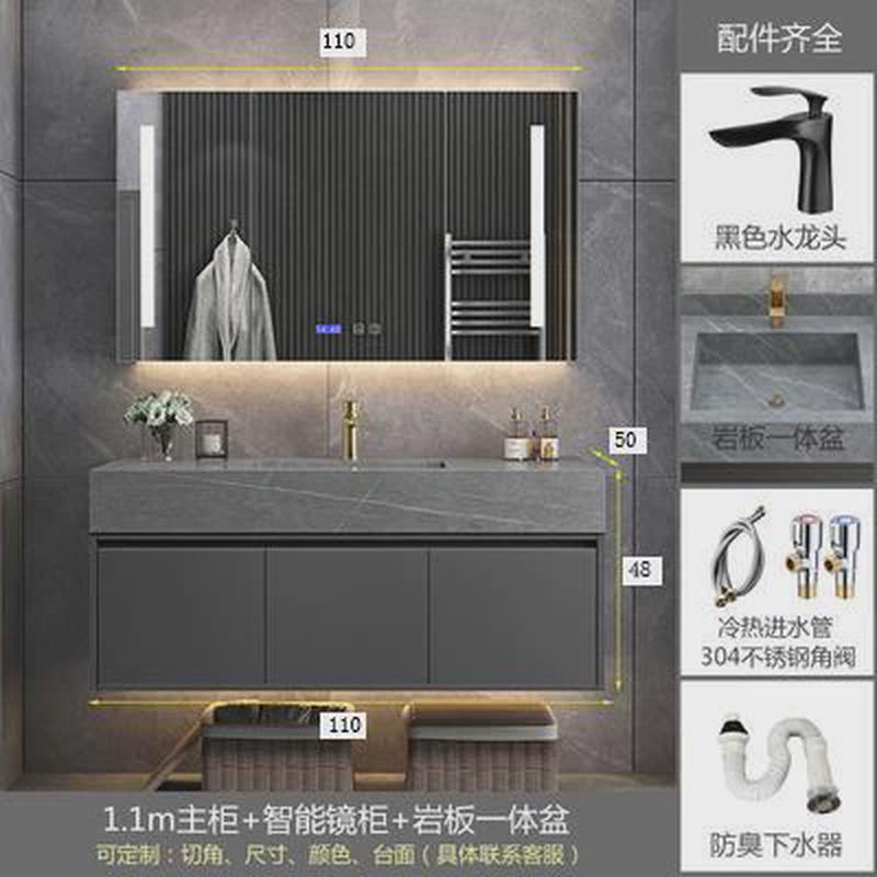 轻奢岩板无缝陶瓷一体双盆洗手简约现代卫生间浴室柜组合脸池漱台